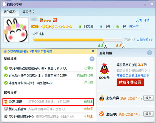 QQ软件点亮QQ勋章墙，每天等级加速0.2天的问题